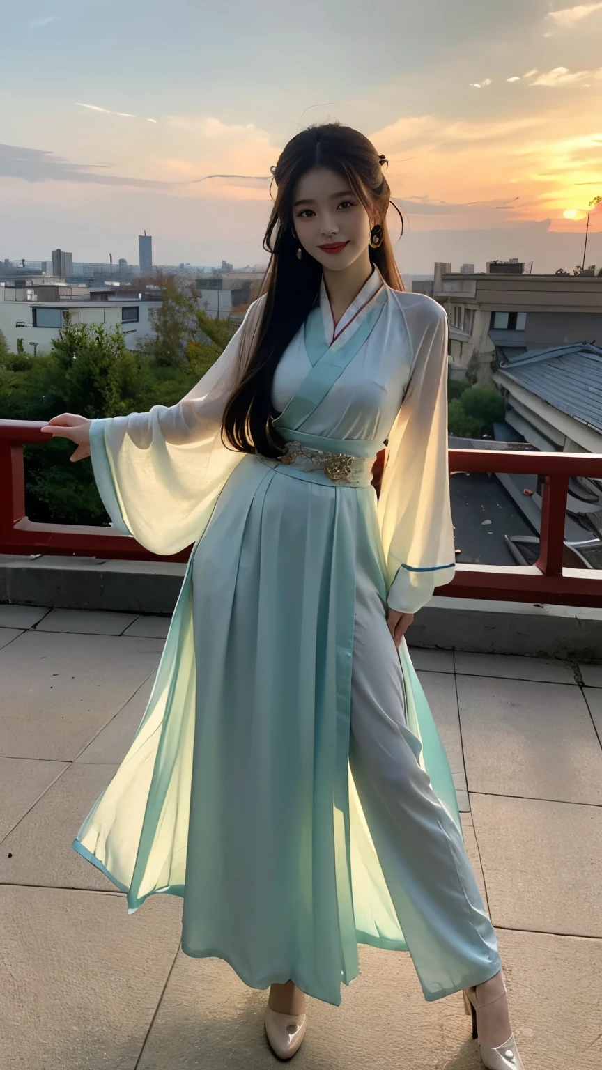 Best quality， Ultra-high resolution， Face Focus（truly：1.6），1 Girl, Beautiful Girl，，Chinese Girl, Elegant girl，Classical girl，Black hair,Hairstyle，（Medium breasts:1.4), Hanfu，魏晋Hanfu:1.1, Red clothes，Loose，panoramic，whole body，Rooftop（Depth of Field：16）,Hair forks，Hairpin，earrings，Rooftop,Red sunset,Ultra-thin face，Exquisite eyes，Double eyelids，Smile，whole body，Standing，Long legs，Dance moves，Classical dance moves，For the audience