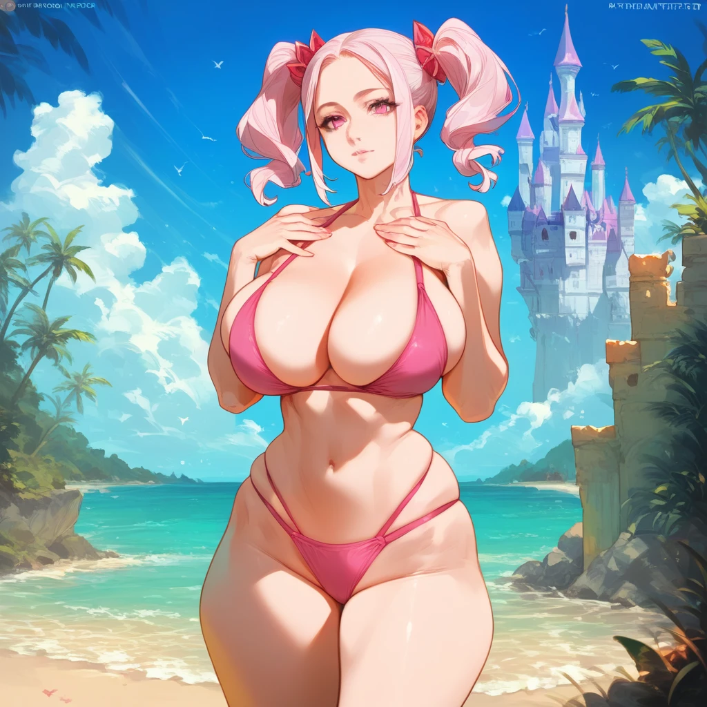 mixed_artstyle, 1 girl, Alone, hands, Pink bikini, ptinta eyes,short white, twin tails, realistic, textures, 8K, perfect hand, perfect anatomy, visible curves, Big Breasts, beach, Standing pose,, ,castle