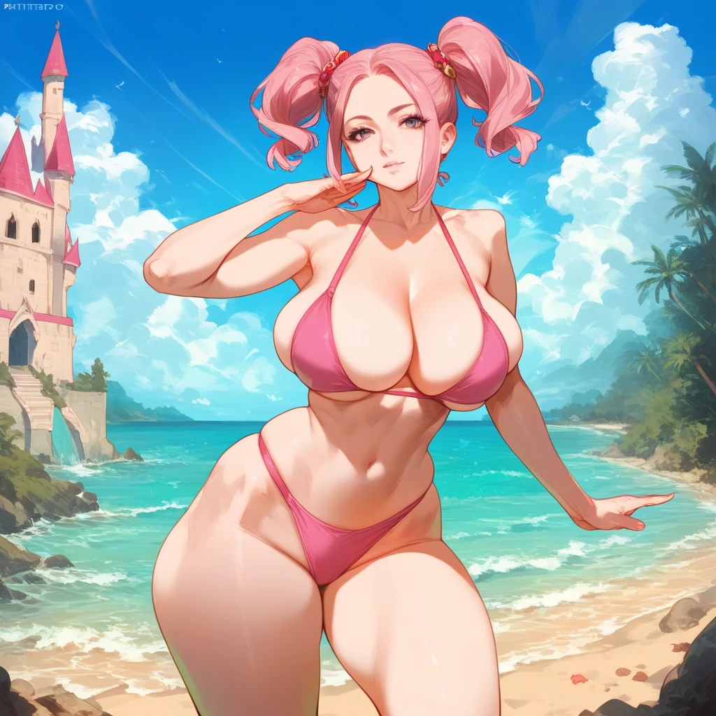 mixed_artstyle, 1 girl, Alone, hands, Pink bikini, ptinta eyes,short white, twin tails, realistic, textures, 8K, perfect hand, perfect anatomy, visible curves, Big Breasts, beach, Standing pose,, ,castle