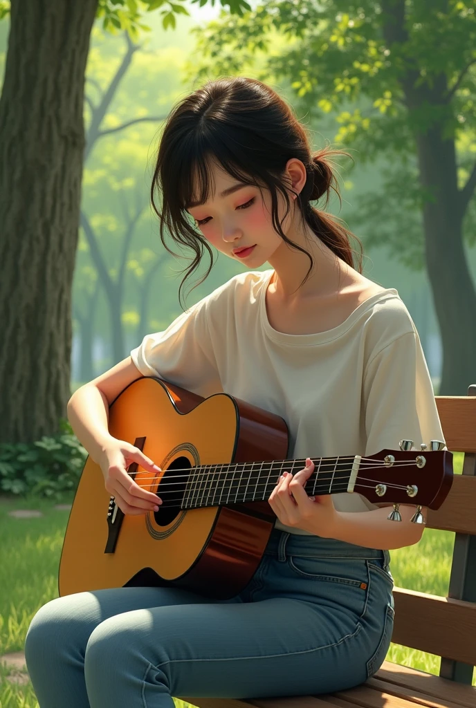 araffe woman sitting on a bench playing a guitar in a park, women playing guitar, the girl plays the guitar, playing guitar, playing the guitar, playing a guitar, makoto shinkai and tom bagshaw, playing guitars, background artwork, realistic cute girl painting, fanart, beautiful artwork, guitarist, holding a guitar, ross tran 8 k