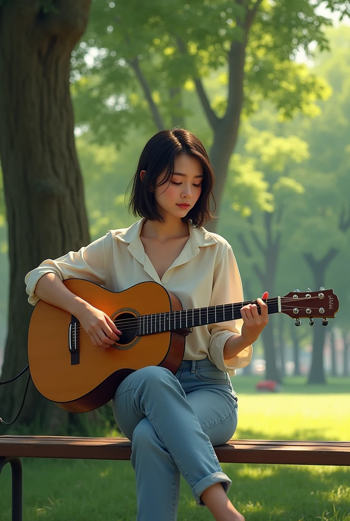 araffe woman sitting on a bench playing a guitar in a park, women playing guitar, the girl plays the guitar, playing guitar, playing the guitar, playing a guitar, makoto shinkai and tom bagshaw, playing guitars, background artwork, realistic cute girl painting, fanart, beautiful artwork, guitarist, holding a guitar, ross tran 8 k