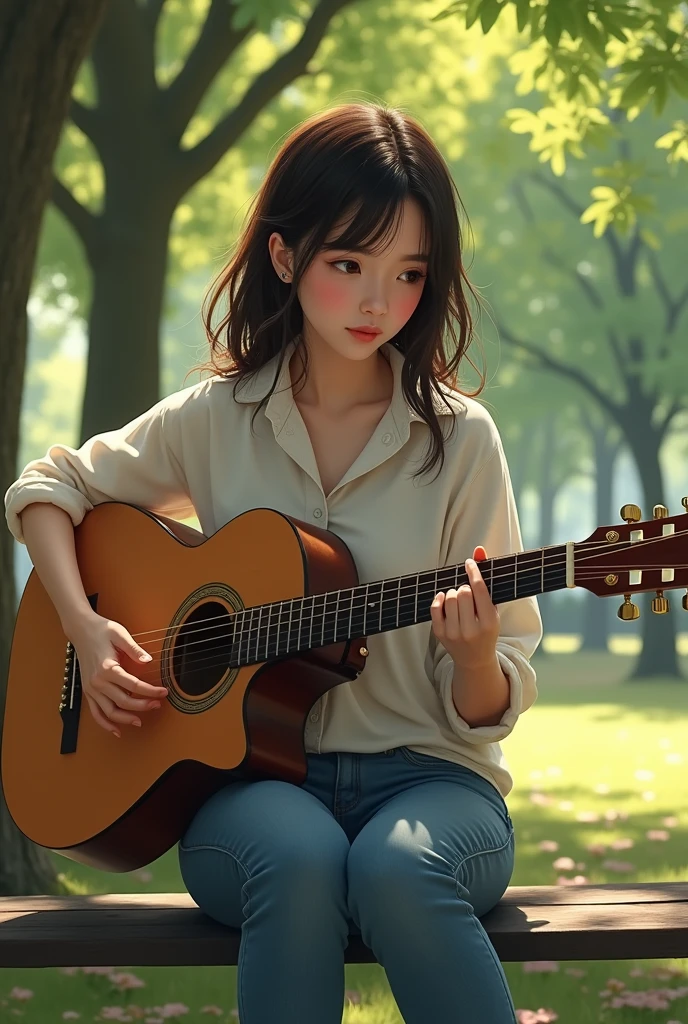 araffe woman sitting on a bench playing a guitar in a park, women playing guitar, the girl plays the guitar, playing guitar, playing the guitar, playing a guitar, makoto shinkai and tom bagshaw, playing guitars, background artwork, realistic cute girl painting, fanart, beautiful artwork, guitarist, holding a guitar, ross tran 8 k