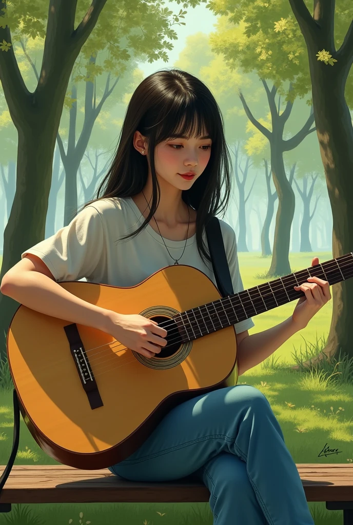 araffe woman sitting on a bench playing a guitar in a park, women playing guitar, the girl plays the guitar, playing guitar, playing the guitar, playing a guitar, makoto shinkai and tom bagshaw, playing guitars, background artwork, realistic cute girl painting, fanart, beautiful artwork, guitarist, holding a guitar, ross tran 8 k