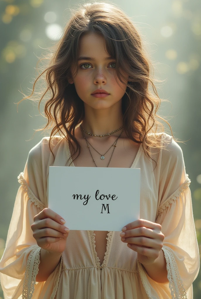 Beautiful boy with wavy long hair, bohemian dress, holding a white board with text my love M