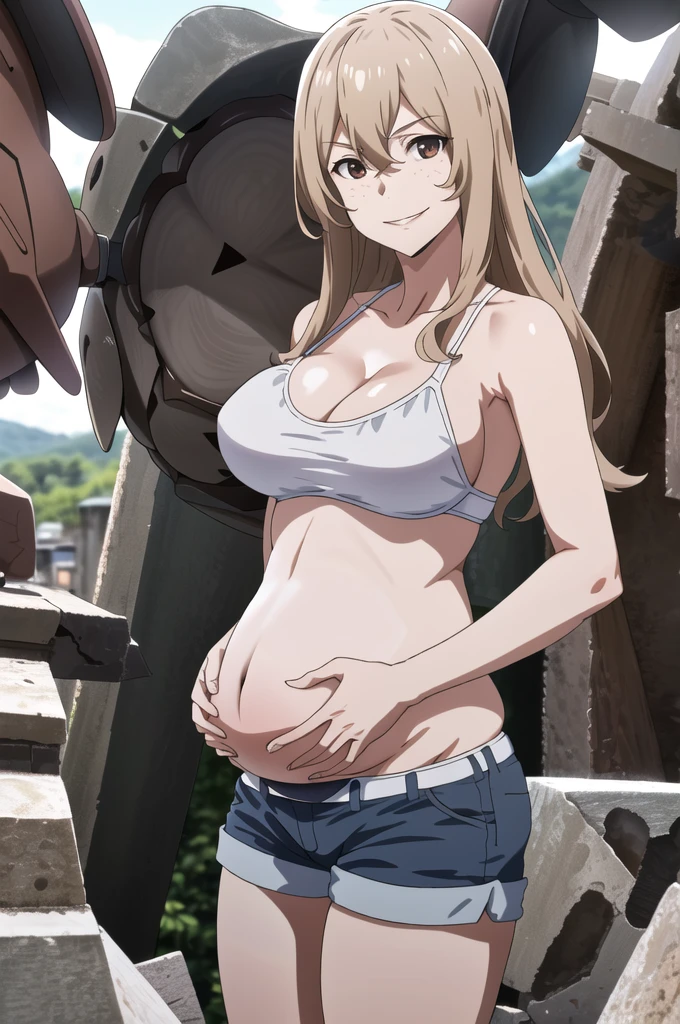 score_9, score_8_up, score_7_up, source_anime, best quality, clear face, 1girl, Clair Aoki, masterpiece, best quality, highres, aoki1, brown eyes, freckles, large breasts, bikini, shorts, cleavage, smile, looking at viewer, sky, standing, pregnant belly, huge belly, belly