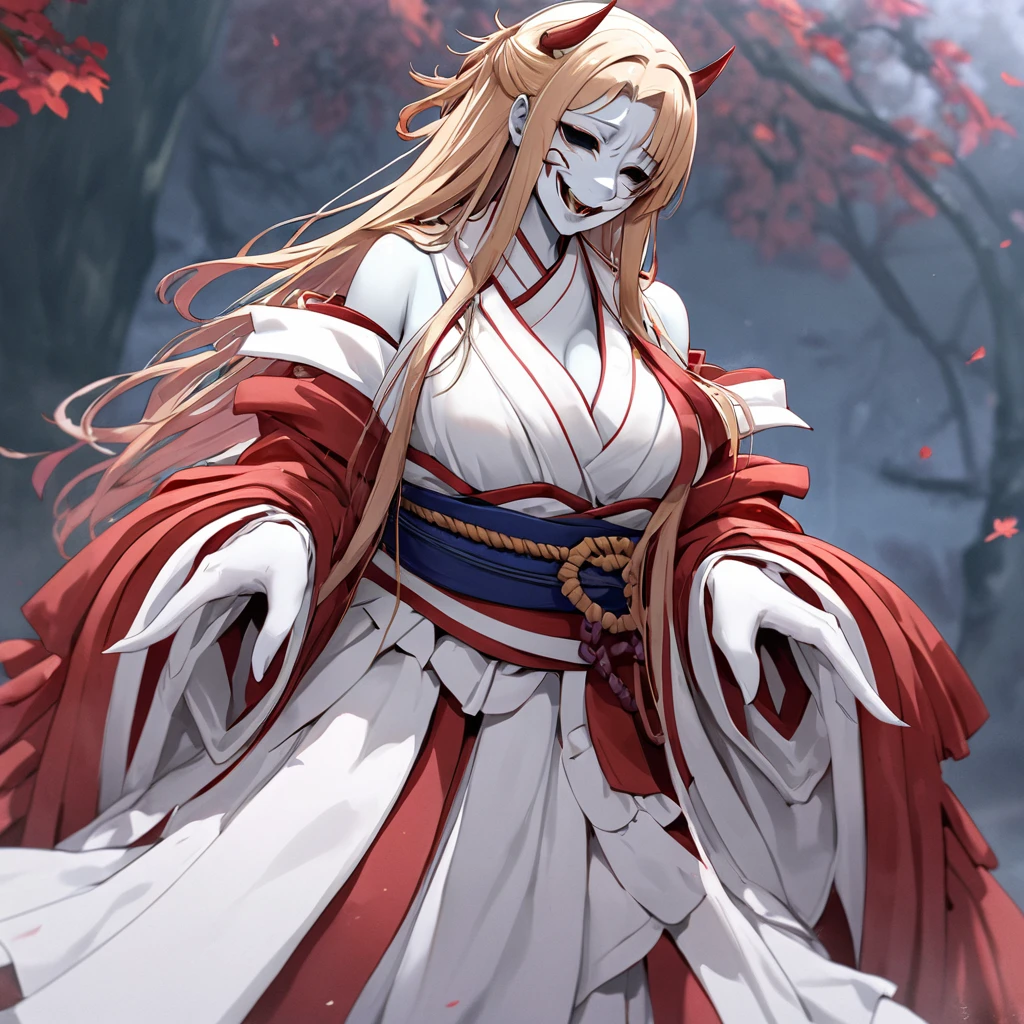 ((Highest quality)), ((masterpiece)), (detailed), (Perfect Face)、The woman in the Hannya costume is Yuuki Asuna, with light brown, semi-long hair and a Hannya mask covering her entire face, and her whole body is pure white skin.、The woman is in the state of Hannya in both body and mind, and her face is completely Hannya.、The woman is wearing a sexy, alluring, and provocative outfit, adorned with accessories.