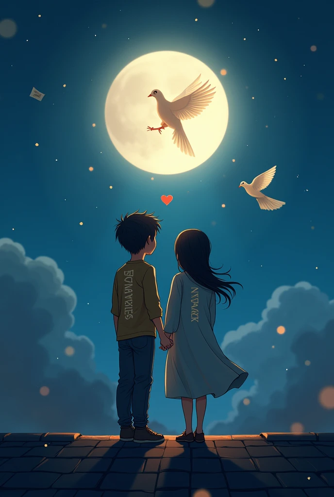 A boy with his name Shahbaz written on his back and a girl with her name Naziya written on her back, talking about love in the moonlight at night on the roof of the house Both their faces should be towards the moon and on their backs, Naziya  should be written on the girl's back and Shahbaz should be written on the boy's back and have a heart above their head And a dove from the moon, Naziya is flying with a letter in the name of The girl's name compolsary written on her back, her name is Naziya 