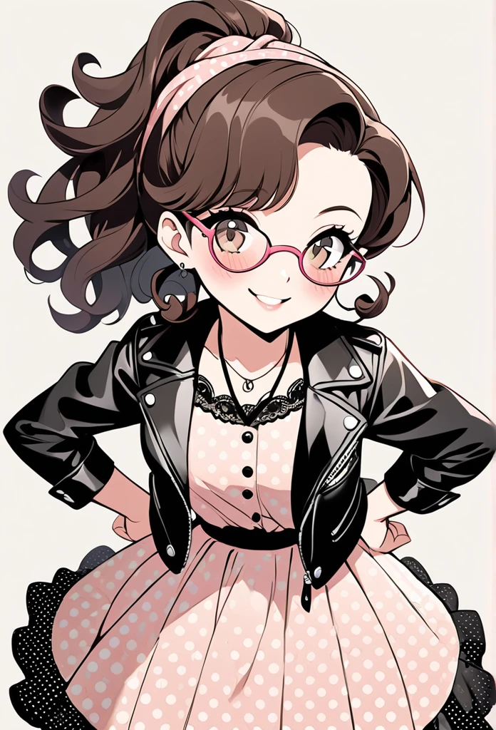 An anime-style illustration with a soft pastel color palette and delicate linework, featuring a young Korean woman in 1950s rockabilly fashion. She is wearing a leather jacket over a polka dot dress adorned with lace and frills. Her hair is dark brown in a curly ponytail, and she is wearing cat-eye sunglasses and a bandana. The woman is standing with a confident smile, her hands on her hips, but her expression is gentle with soft eyes and a slight blush on her cheeks. The background is minimalistic and colorless, focusing attention on the character.