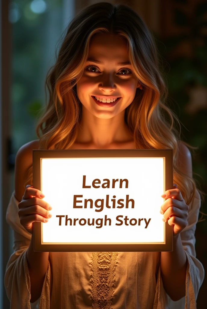 Beautiful girl with heart-warming smile and wavy long hair, bohemian dress, holding a white board with text "learn English Through Story" and showing it to the viewer, the board is glowing with a the text.Different quality girl.