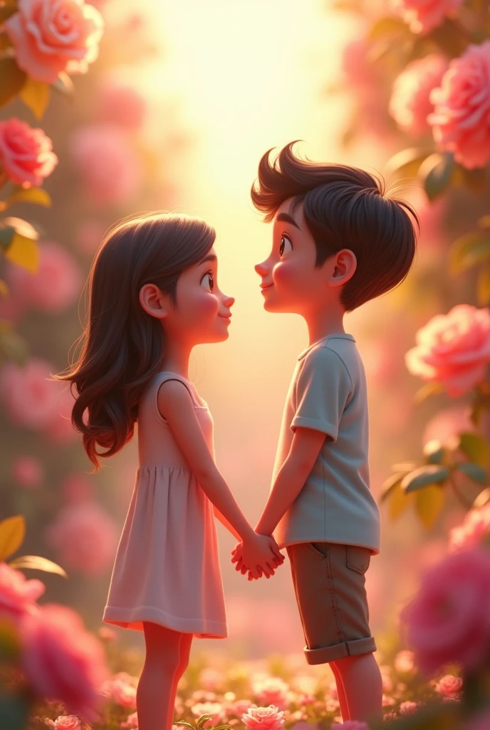 Draw a 3d animation of a 16 year old girl and a 20 year old boy. The boy and the girl are looking forward and standing holding each other's hands. Draw roses in the background.


Live translation