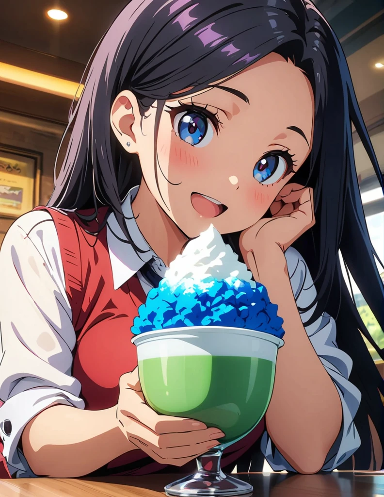 (anime artwork, anime style, studio anime, very detailed, up to date, vibrant, Anime Coloring, high contrast, masterpiece:1.2, best quality, best aesthetics),2 girl,Best quality,light smile,{{incoming_shaved ice}}, {{feeding}}, holding_spoon, foreshortening,{{blurry_foreground}}, blush, open mouth, head_tilt, perfect anatomy,cafe,