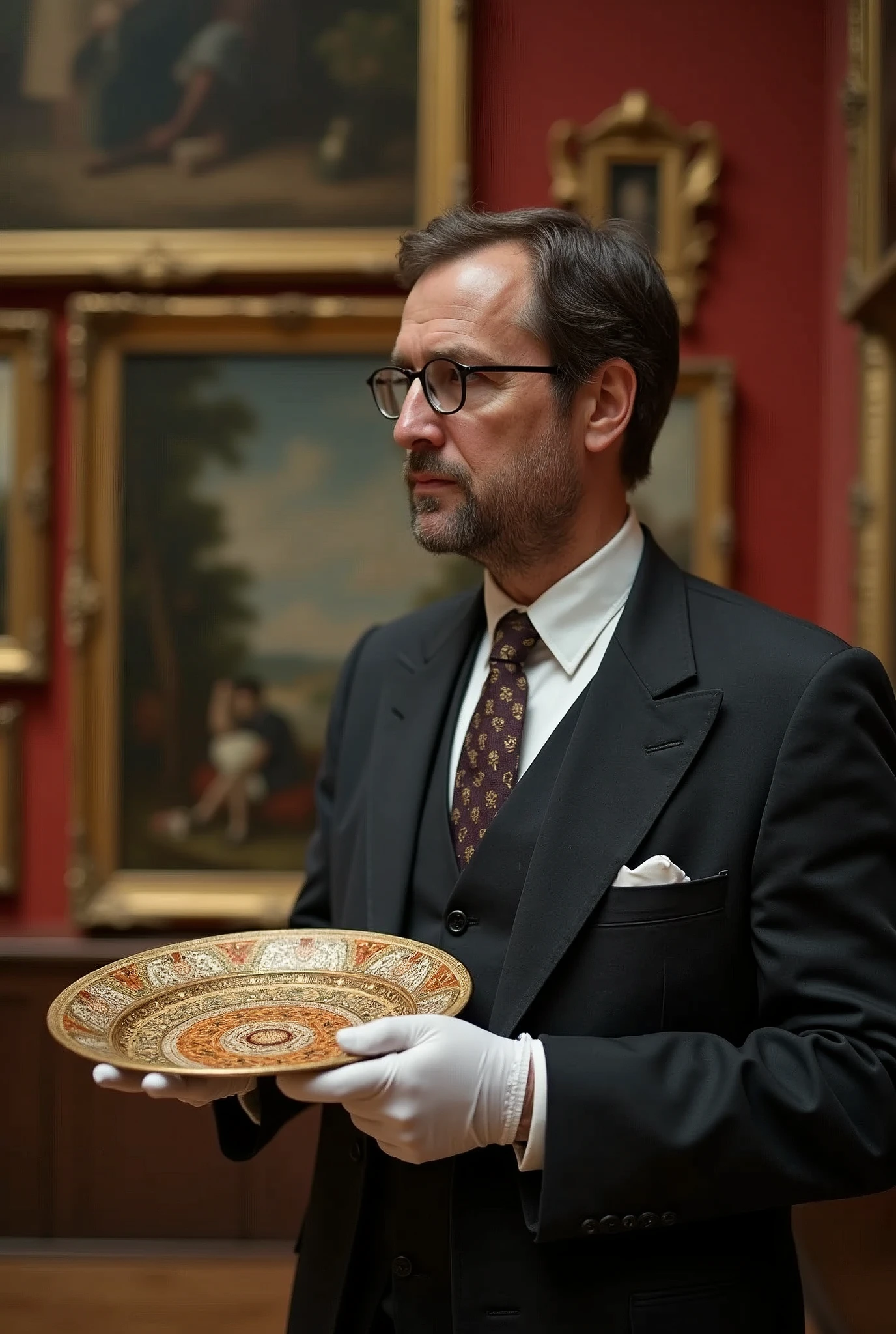 Male museum curator wearing white gloves　Wearing a suit　I treasure the large plate of art.
