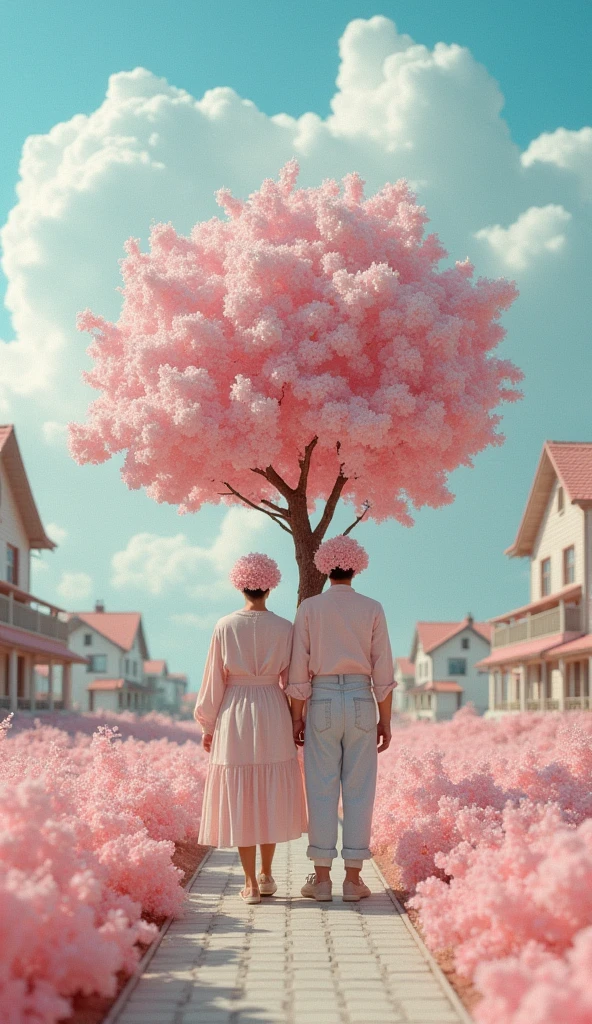weird looking family, cherry blossom as a head. setting: futuristic houses on the left, pastel colors, cotton clouds, surreal atmosphere, raw photo, 35mm