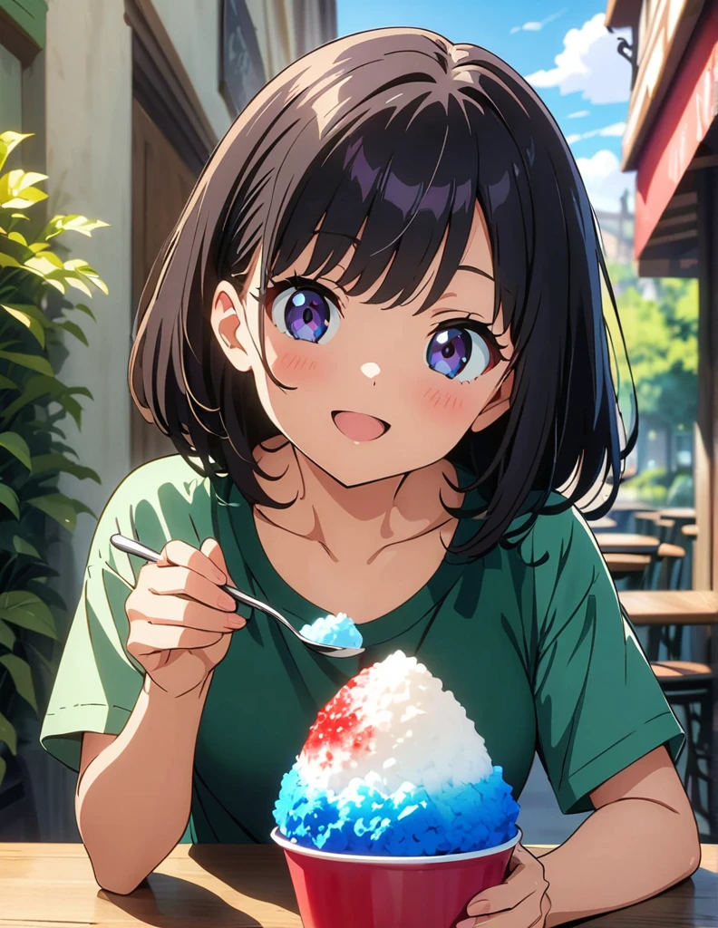 (anime artwork, anime style, studio anime, very detailed, up to date, vibrant, Anime Coloring, high contrast, masterpiece:1.2, best quality, best aesthetics),2 girl,Best quality,light smile,{{incoming_shaved ice}}, {{feeding}}, holding_spoon, foreshortening,{{blurry_foreground}}, blush, open mouth, head_tilt, perfect anatomy,cafe, 