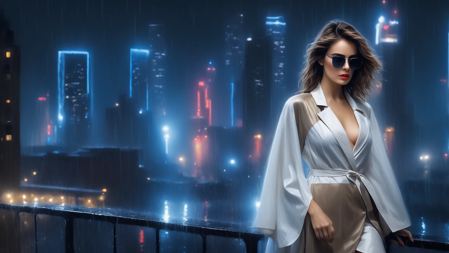 (Hyper-realistic photograph:1.4), Captivating scene under the rain at night on a rooftop, a sexy slim woman, large breast cleavage, with short brown hair, three-quarters view, Black trench coat, (black sunglasses, holding a short gun), with a dark rainy city landscape in background, blue eyes, photography style, (half-body shot:1.3), (contemplative expression:1.2),(well-lit:1.2) Extremely Realistic, serendipity art, (sharp focus:1.3), intricate details, highly detailed, by God himself, original shot, masterpiece, detailed and intricate, Movie Still, guttojugg1