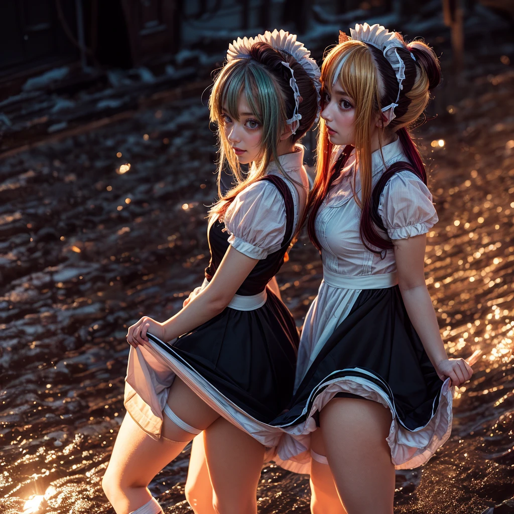 (Extremely Detailed((Kawaii Maid Group in a row:1.37))), Childish perfect face, Reflective Eyes, Detailed(Delicate Clothing textures), Dynamic Joyful Expressions LifeLike Rendering, (Specular Reflection:1.2), TopQuality 8K Ultra-detailed masterpiece (ProfessionalPhoto:1.37), (Acutance:0.8), (Luminism:1.28), (Renaissance art style), (Colorful Light particles:0.75), (Muscle:-0.5), ((Full body from side)), {(SkirtLift)|glossy floor|Kissing}, Radiant Fine Skin with Transparency, (Exposed:0.5), (Different Types of Anime Hair Color:1.6), Perfect Lighting