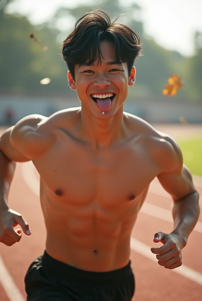 (masterpiece,best quality:1.2),male model, alone, 1 person,20 year old male,young,Handsome,asian model,black hair,short hair,Smile,Sexy breasts,6-pack abs,Sexy figure,early morning,Boy running on stadium track,The wind blows,Leaves fall,whole body perspective,  ahg, rolling eyes, mouth open and tongue out ,cowboy shot,, , saliva, solo, sweat, (drooling:1.3),(((salivating:1.05))),((((saliva dripping from tongue:1.1))))