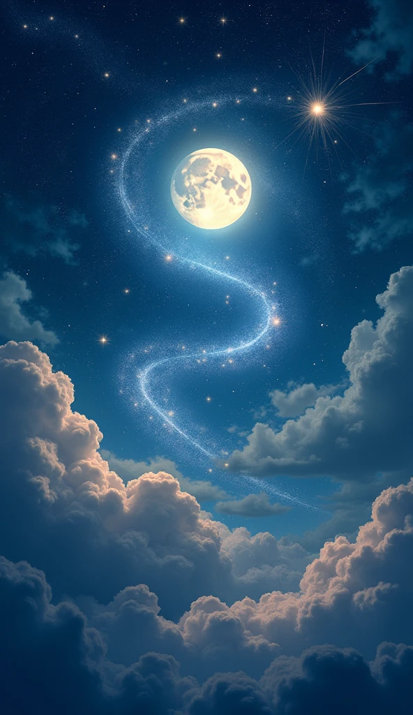 Dancing Starry Sky: Design a starry night scene where the stars appear to be dancing around the moon. Creates a magical and fantastical atmosphere.