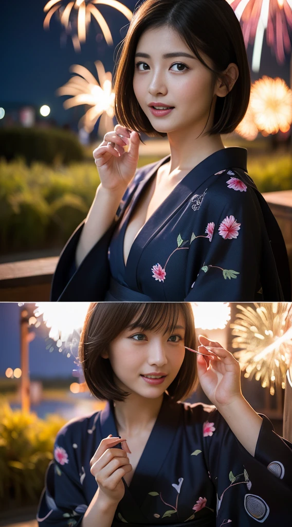 (8k、RAW Photosgraphy、Highest quality、masterpiece:1.2)、(Realistic、Photorealistic:1.37)、Ultra-high resolution、One Girl、cute、solo、night、Sitting、date、(Nose redness)、(Laughter:1.1)、(Closed)、huge 、Beautiful Eyes、(short hair:1.2)、(((Fireworks bursting into the sky、night)))、(((kimono、yukata)))、Cleavage、Perfect body、Perfect Fingers、Professional Lighting、Japanese Goddess、gravure、cleavage、Detailed face and skin texture、Detailed eyes、RAW Photos