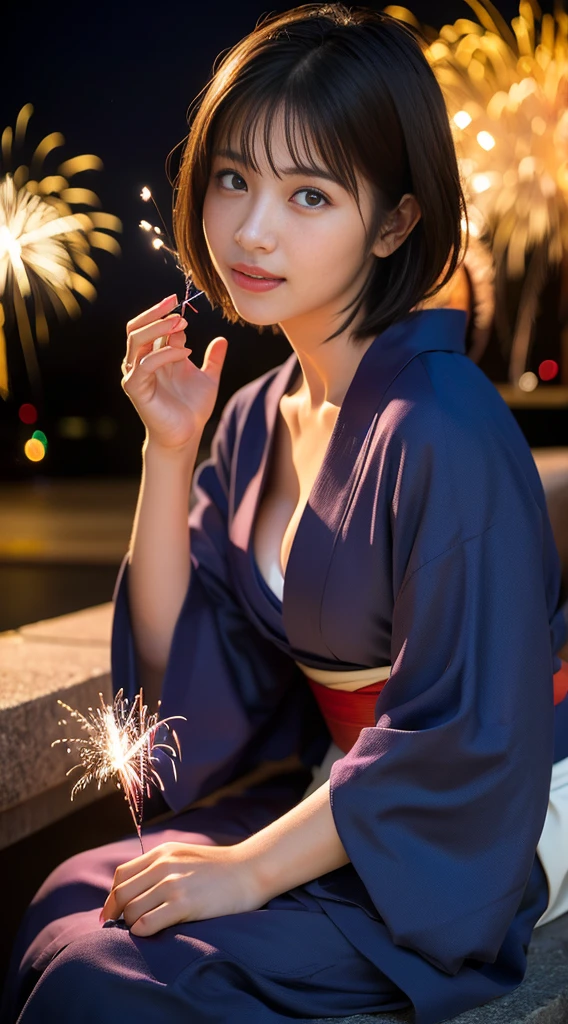 (8k、RAW Photosgraphy、Highest quality、masterpiece:1.2)、(Realistic、Photorealistic:1.37)、Ultra-high resolution、One Girl、cute、solo、night、Sitting、date、(Nose redness)、(Laughter:1.1)、(Closed)、huge 、Beautiful Eyes、(short hair:1.2)、(((Fireworks bursting into the sky、night)))、(((kimono、yukata)))、Cleavage、Perfect body、Perfect Fingers、Professional Lighting、Japanese Goddess、gravure、cleavage、Detailed face and skin texture、Detailed eyes、RAW Photos
