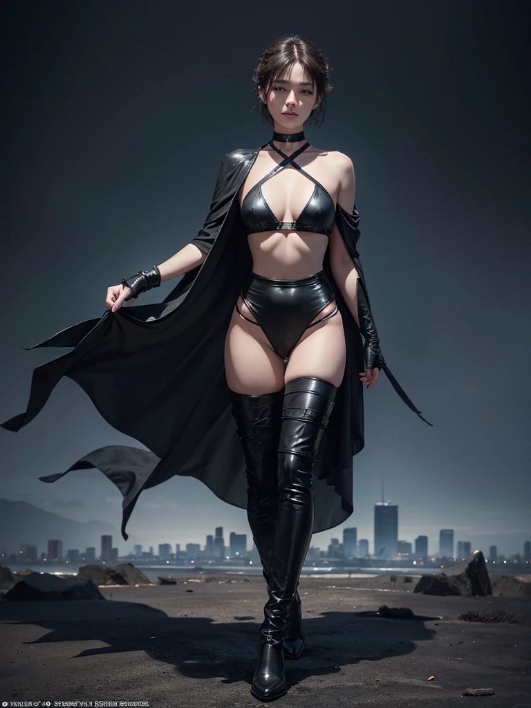 Very short hair, (masterpiece、Highest quality、Official Art), View from the front, Looking at the audience:1.5, topless, small top, black waist cloak:1.2, Black long boots, (Black bondage suit:1.2), Black collar, Black choker, Glowing Skin, Realistic:1.9, Very detailed, Full Body Shot:1.2, Bare Chest:1.5, Exposed female genitalia:1.5, Cleave, Belly button pussy, Expose the center of the body, High resolution, full color photos, High detail, Extremely realistic detail, Ultimate realistic texture, Ultimate in exquisite detail, Professional photos, Sexy portrait of, Voluptuous bust, Tight waist, Cleavage, Trained abdominal muscles, Big Ass,Complete the whole body, Full body image, No underwear, Highest quality, ((background:city:1.4)), Suzune, Suzune's clothes