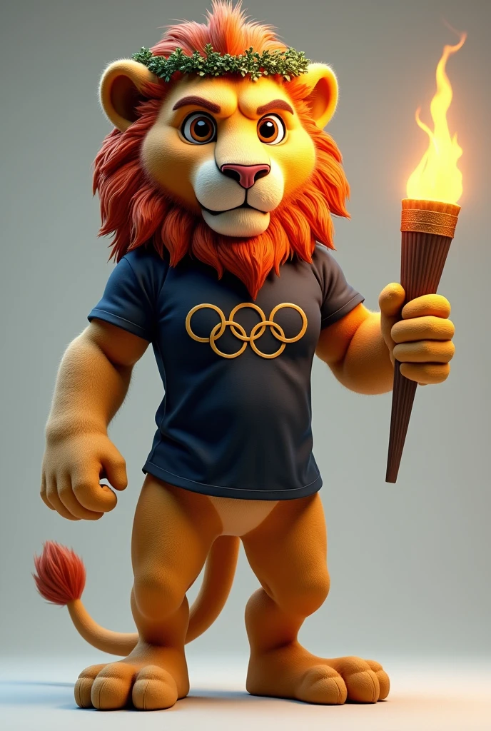 Create an Olympic mascot image as a realistic roaring lion, supported on four legs. The Lion is wearing a laurel wreath and a black t-shirt with the colors of the Olympics and his right paw is on an Olympic torch. 