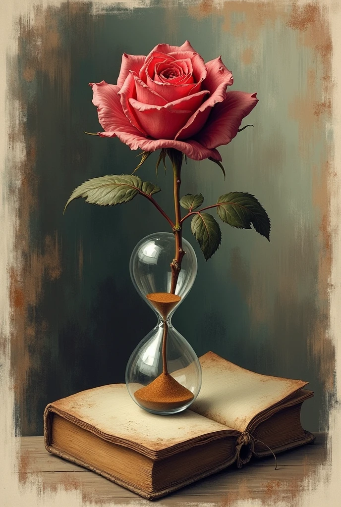 2. **"To a rose" by Sister Juana Inés de la Cruz:**
   - **Idea for drawing:** Draw a rose that is in full bloom, but at the same time shows signs of decay: withered petals, a stem that begins to dry. at your side, an hourglass in which the sand falls rapidly, symbolizing the passage of time. The rose is in the center of an old book, representing the teaching of ephemeral beauty and the transience of life.