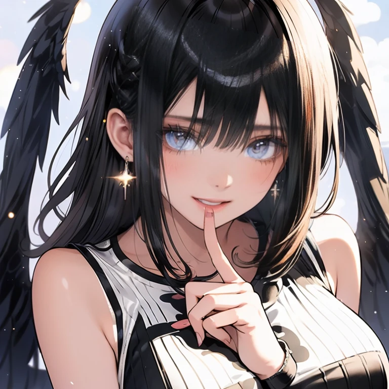 anime illustration, ((((highest quality)))), (((Ultra-precision CG 16K))), (((masterpiece))), (((Very detailed))), (((Extremely detailed))), (((Black outline:1.3, Written boundary depth:1.3 , Written soft outline, sharpness))), Maximum clarity and sharpness, Multilayer Texture, Surface Shading, Cinematic lighting, Beautiful details sparkle ,Perfect Proportions, Limited to one woman, BREAK accurate, Anatomically correct, Highly detailed face and skin texture, drawn in detail, Highly detailed facial and skin texture, Detailed eyes, beautiful hair, Beautiful Japanese Idol face, Beautiful and beautiful eyes, Beautiful body, Beautiful breasts, Beautiful thighs, Beautiful legs, Beautiful fingers, (Beautiful views) , skinny body, ((Beautiful Skin)), ((Skin Texture)) BREAK breast enlarged, medium Breasts, rocket breasts, (((perky breasts))), ((sagging breasts)), slender waist, ( narrow eyes, smiling, blush, determined expression, sweaty , Heavy breathing,) , (streaked hair, hair intakes, colored inner hair, ) BREAK (((wearing printed sexy oversized tank top , wearing wide-leg-pants, breasts is covered by outfit))) , wearing earrings, (((tanned skin, tan lines))) , BREAK ( stick breast out, bending over, under the blue sky ),(((looking at viewer, super detailed background , ))), BREAK (((portrait , close-up of face, bust-up shot, looking at viewer, )), (natural make), random angle , random situation , pinup magazine pose, from front
