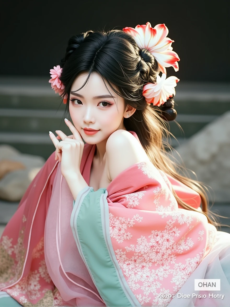 masterpiece, photorealistic, 8K, a close up of a woman in a pink dress with a flower in her hair, a girl in hanfu, ancient chinese beauties
