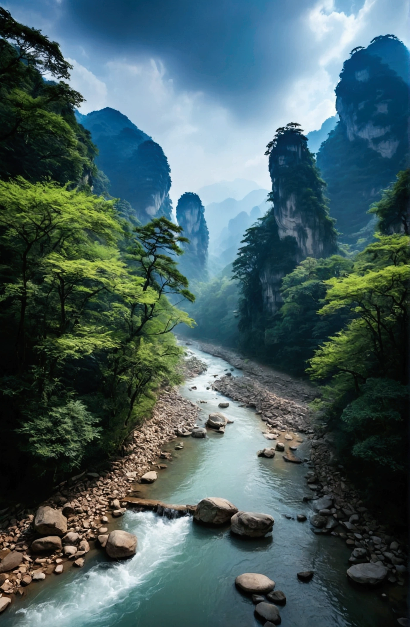 The stream is flowing,The stream is clear,Behind is the stone mountain of Zhangjiajie,Clouds and mist,Cinematic color grading