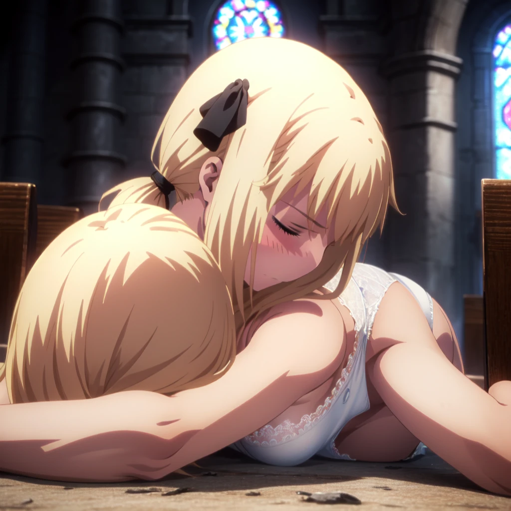{artoria pendragon_fate ubw:1.15},(((blond hair:1.5))), ((detail beautiful closed_eyes , :1.8)),,ambient light, ((Strong light )) ,1 female,, alone,, ((detailed eyes,)) , ,hair between eyes, ((( pony tail hair,:1.5 ))),                               
BREAK, (((??????? white dress))), (( white lace panties:1.7)) ,, BREAK , , beautiful light, , close up white lace panties:0.2,　detail back , detail thin thighs,                                                                                                                                                                                                                                             BREAK, (( ((lying on her stomach , from behind)),((on stomach)),((Legs trembling)),  trouble eyebrow, ,                                                                                                                                                                                                          　　　　　　　　　　　　　　　　　　　　　　　　　　　　　　　　　　　　　　　　　　　　　　　　　　　　 beautiful upper body, Beautiful body, beautiful character design, perfect eyes, Perfect face, expressive eyes, Turning the face side to side,(church:1.5),in the center of the image, official art,High Definition CG Unity, Perfect lit, bright_front_face_lit, ,(Highest_quality:1.0),4K,Super detailed, photograph, 8k, nffsw, High resolution, absurdes:1.2, kodak portrait 400, film grain, Lens flare, (lively_Farbe:1.2) (beautiful, small breast:1.7), (beautiful_face:1.3),(narrow_waist),((blush)), ((detail hip)),,sabias, dress,                          　　　　　　　　　　　　　　　　　　　　　　　　　　　　　　　　　　　　　　　　　　　　　　　　　　　　　　　　　
