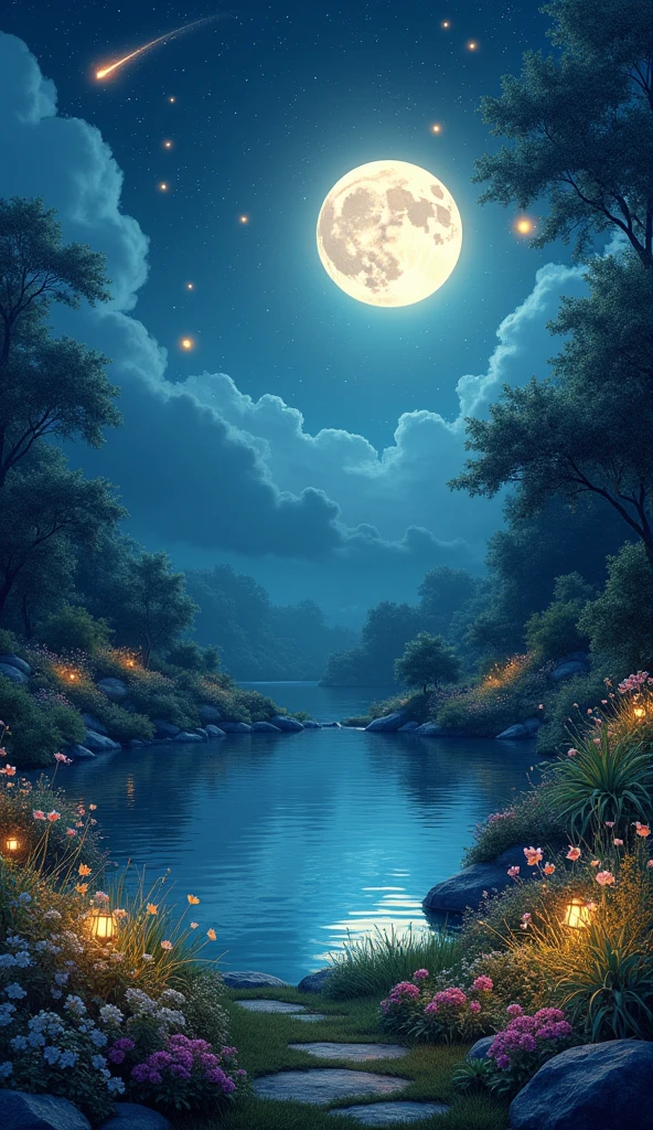 Master Parts, nice, landscape, (((no_Humanos))), night, flower, garden, Starry Sky, constellation,((full moon)) , amazing, Overlooking, water, warm, comfortable, peaceful, meteor, Cosmic, magic, magic, details, fair, ((fire Fly))