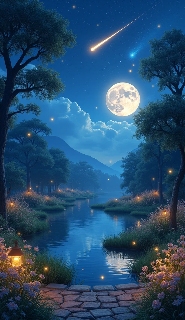 Master Parts, nice, landscape, (((no_Humanos))), night, flower, garden, Starry Sky, constellation,((full moon)) , amazing, Overlooking, water, warm, comfortable, peaceful, meteor, Cosmic, magic, magic, details, fair, ((fire Fly))