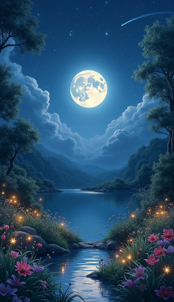 Master Parts, nice, landscape, (((no_Humanos))), night, flower, garden, Starry Sky, constellation,((full moon)) , amazing, Overlooking, water, warm, comfortable, peaceful, meteor, Cosmic, magic, magic, details, fair, ((fire Fly))