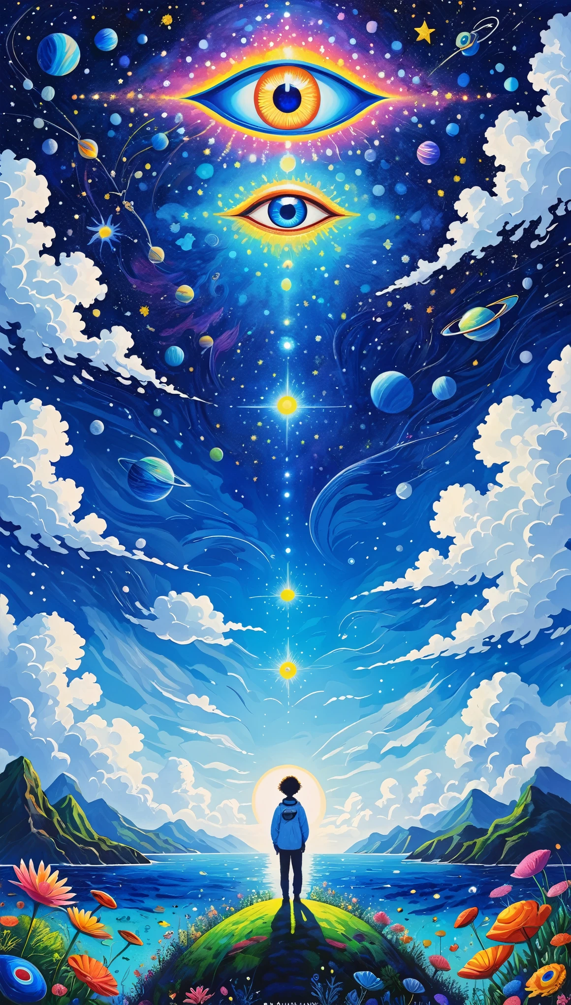 Psychedelic Art。plant、Marine Life、(((Charming eyes，The Third Eye)))、cloud、Starry Sky，Galaxy、Planet、Abstract painting of joints，Describing the inner world of autistic people，Sense of space，Blank，White space，Pointillism method，Childish lines，Klein Blue，Incorporating Monet&#39;s artistic style