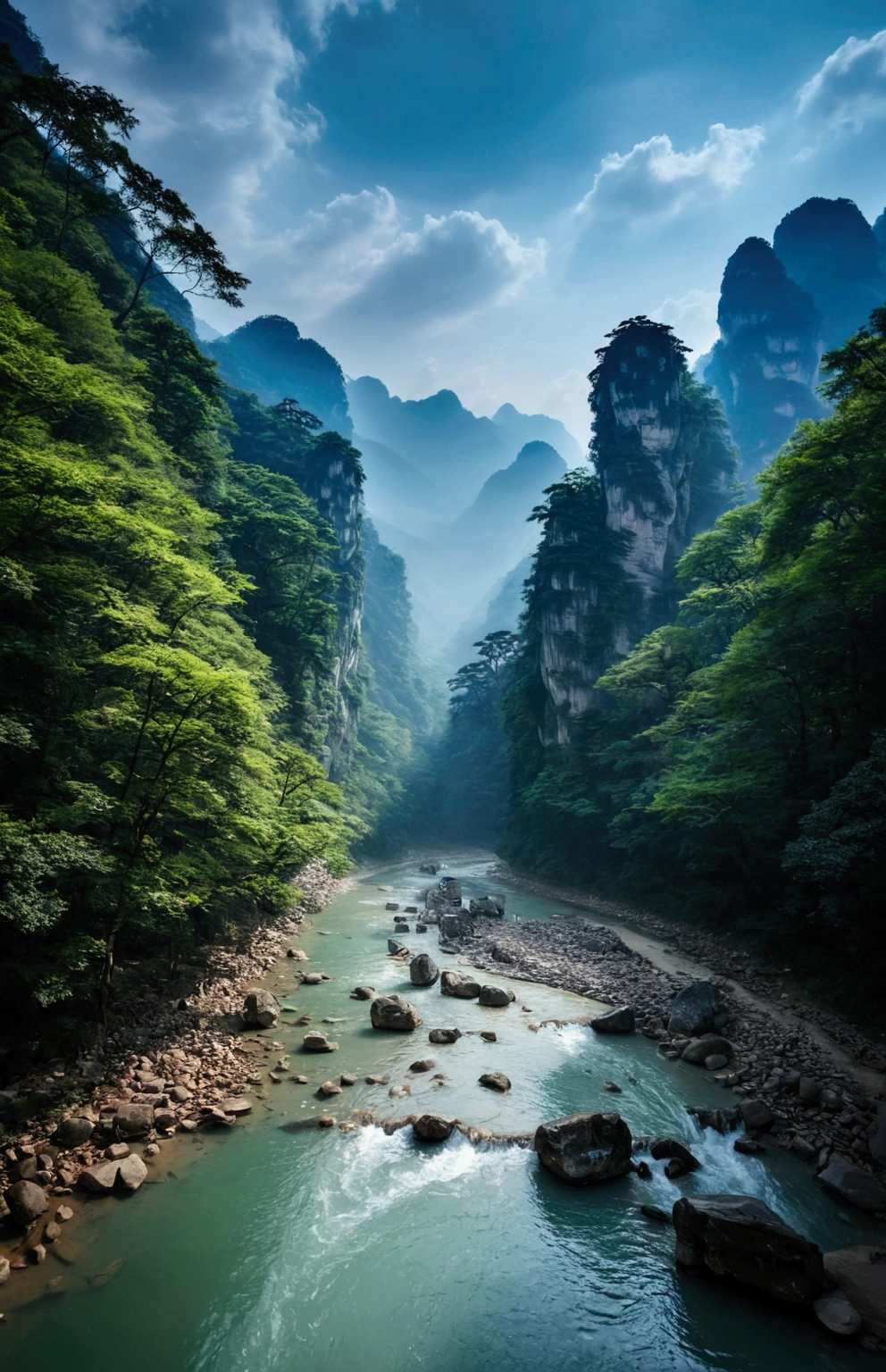 The stream is flowing，The stream is clear，Behind is the stone mountain of Zhangjiajie,Clouds and mist，Cinematic color grading
