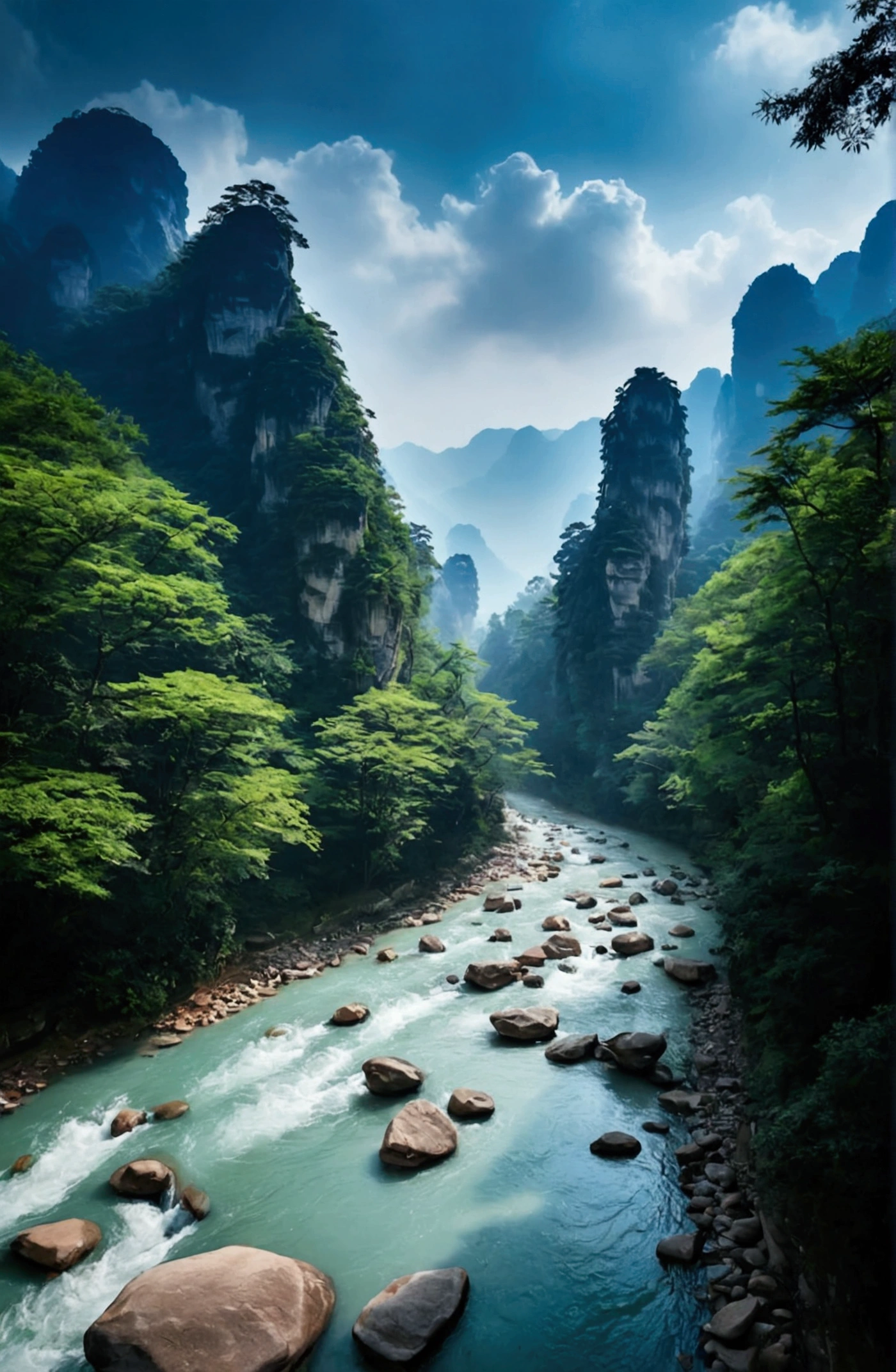 The stream is flowing，The stream is clear，Behind is the stone mountain of Zhangjiajie,Clouds and mist，Cinematic color grading
