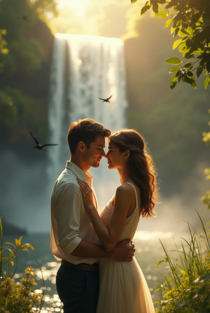 A romantic scene featuring a beautiful girl and a handsome boy sharing a tender kiss in front of a majestic waterfall. The couple is surrounded by lush greenery, with the sunlight filtering through the trees, creating a serene and intimate atmosphere. The waterfall cascades gently in the background, with mist rising and birds flying overhead. The couple is standing close to each other, their expressions soft and affectionate, capturing the essence of love in a tranquil, natural setting, close-up shot