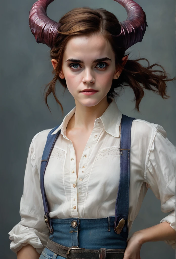 Emma Watson, brown hair, blue eyes, (jeans, white blouse), GobGirl, purple skin, short, demon horns, long ears, large ears, piercings, colored skin, monster_girl 1girl, pointy ears, goblin, shortstack, long pointy ears, earrings, realism, demon tail, hooves