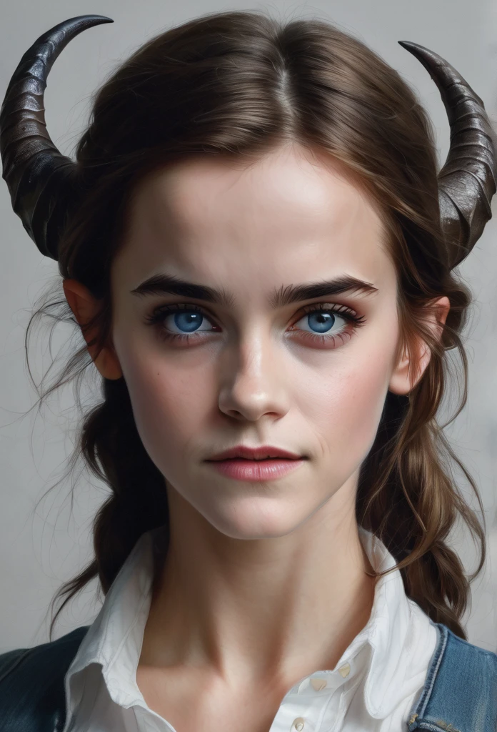 Emma Watson, brown hair, blue eyes, (jeans, white blouse), GobGirl, purple skin, short, demon horns, long ears, large ears, piercings, colored skin, monster_girl 1girl, pointy ears, goblin, shortstack, long pointy ears, earrings, realism, demon tail, hooves