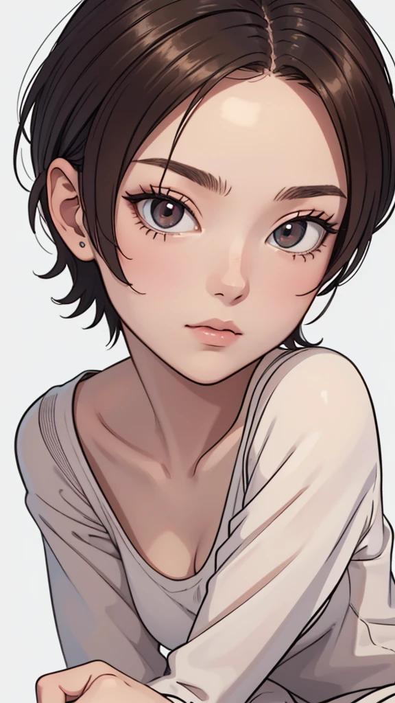 (((masterpiece, best quality, ultra highres, 1 girl, solo, no background))), super detailed skin and face and eyes and finger, beautiful japanese woman, small breasts:1.5, skinny, light brown hair, very short pixie hair, knee shot, white background, 2D anime, boyish, expressionless, cartoon, nipples, Various poses, Please draw the entire character within the frame, ensuring that the head, arms and legs are not cut off, with the character positioned centrally, female genitals visible through tight clothing, Sheer clothes,