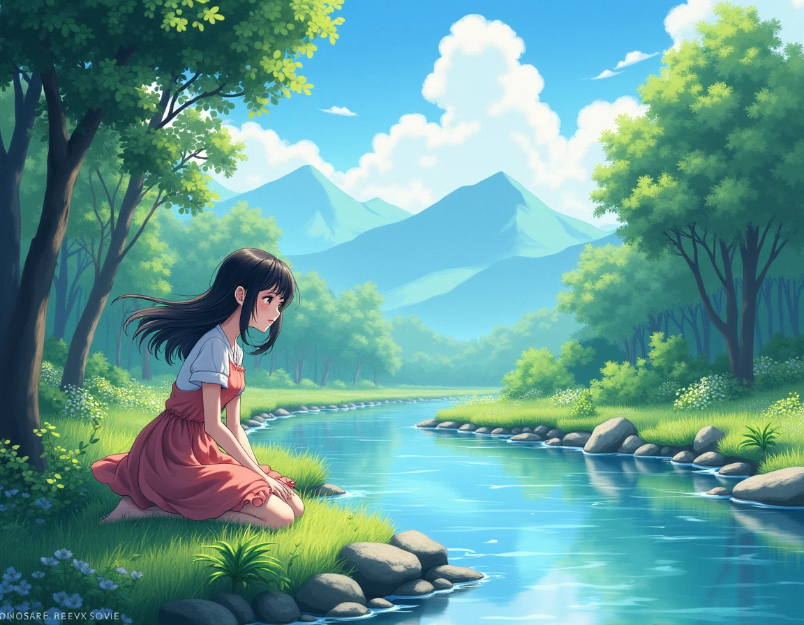 A landscape shot of a beautiful girl in a manga style playing by the river