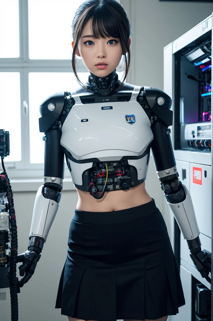 masterpiece, best quality, extremely detailed, Japaese android girl,Plump , control panels,android,Droid,Mechanical Hand, Robot arms and legs, Black hair,Blunt bangs,perfect robot girl,long tube,thick cable connected her neck,android,robot,humanoid,cyborg,japanese cyborg girl ,future laboratory,connecting a cable between the legs,skirt, high socks,blue eyes