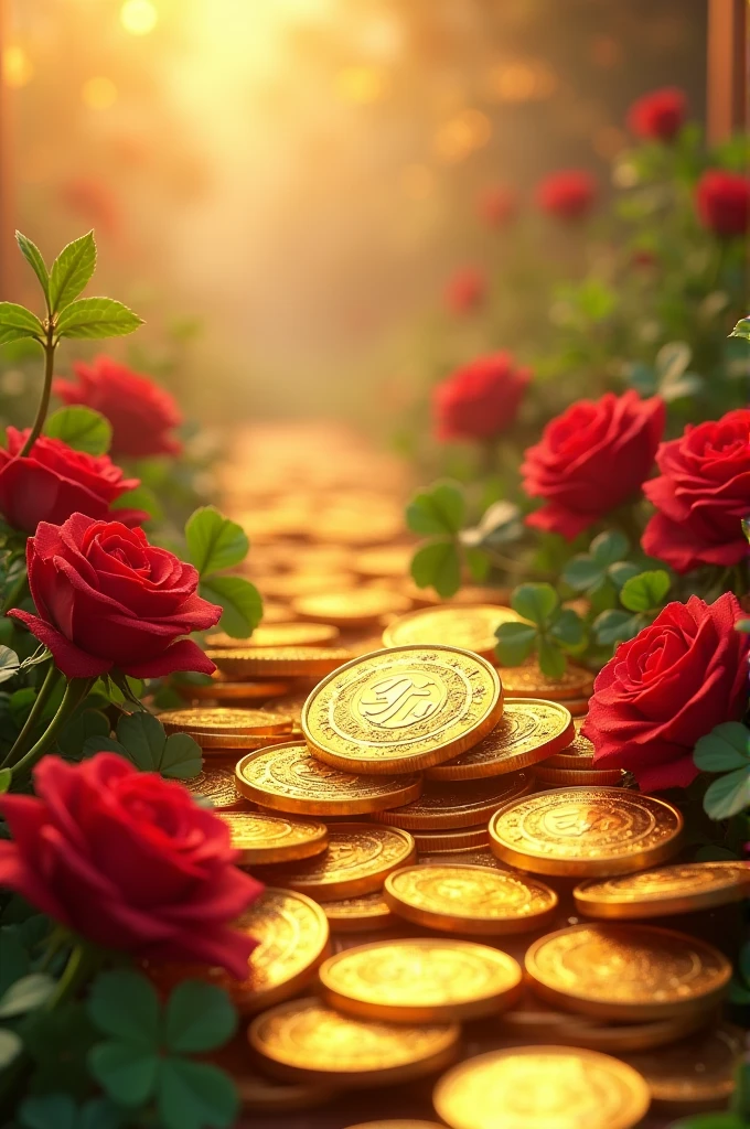 golden coins , red roses and four leaf clovers