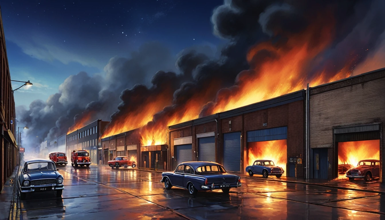 Urban street, two storey warehouse on fire on right hand side of street, flames leap from the warehouse windows, smoke billowing into the night sky, space between warehouse and other structures, small open area car park to the near right of screen, three cars parked on wide street further up from the fire