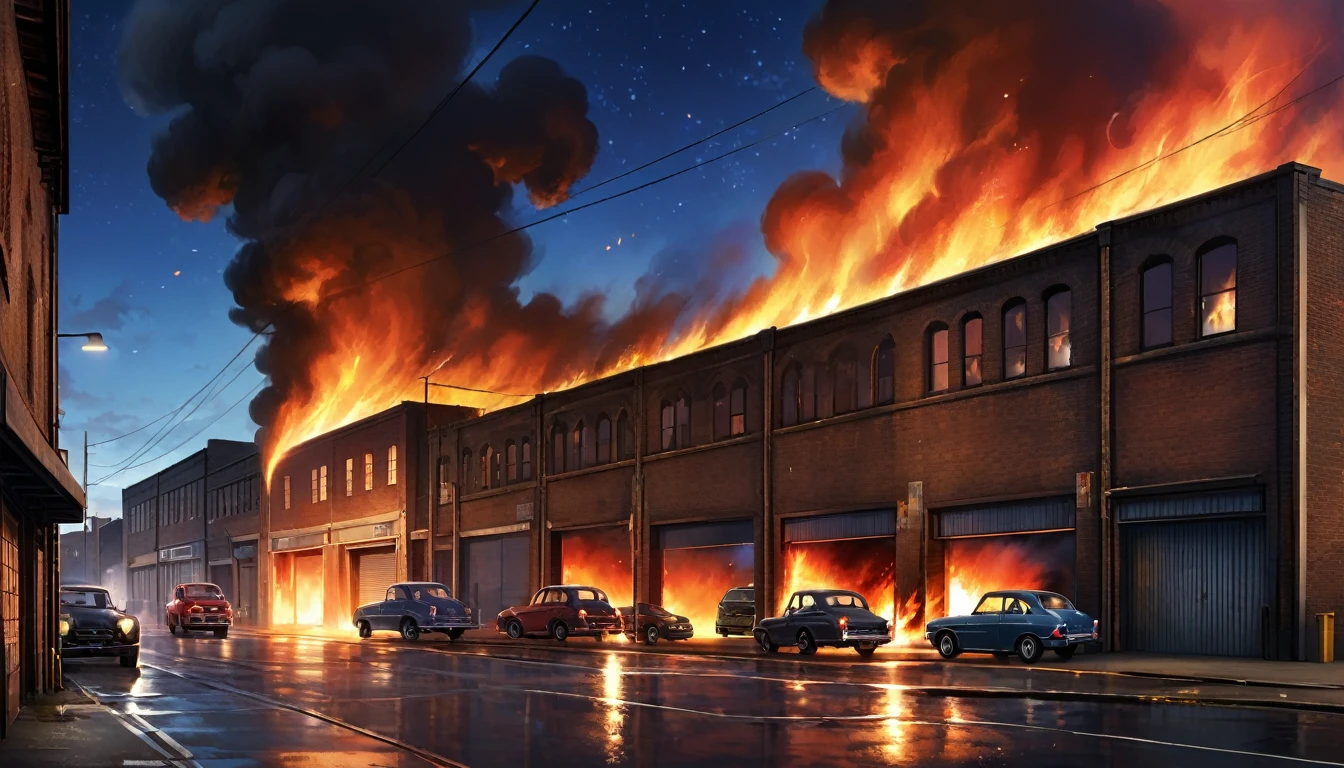 Urban street, two storey warehouse on fire on right hand side of street, flames leap from the warehouse windows, smoke billowing into the night sky, space between warehouse and other structures, small open area car park to the near right of screen, three cars parked on wide street further up from the fire