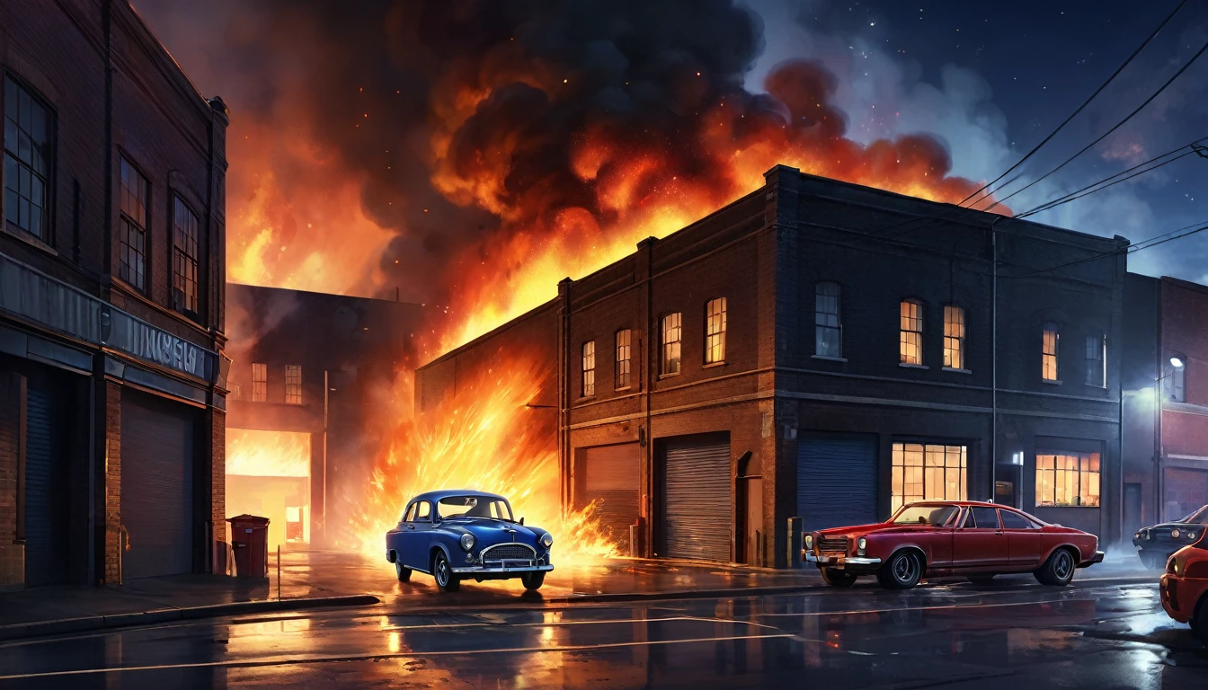 Urban street, two storey warehouse on fire on right hand side of street, flames leap from the warehouse windows, smoke billowing into the night sky, space between warehouse and other structures, small open area car park to the near right of screen, three cars parked on wide street further up from the fire