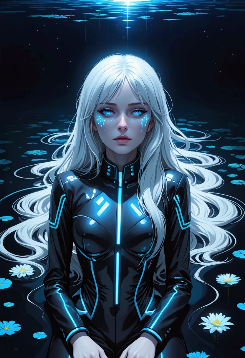 ((best quality)), ((masterpiece)), (detailed), perfect face, a beautiful woman with white long hair and a sky blue reflection, she has a tufted fringe, she has sky blue eyes, she has total black cyber suit clothes with some neon sky blue lights on it, cyber line on her face, she is suffering and dying lying in a pond in the night with skyblue lights, she has fatal injuries. total body.