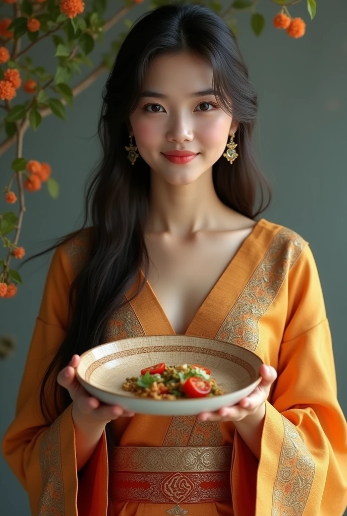 Myanmar model girl is Myanmar dress hand on plate