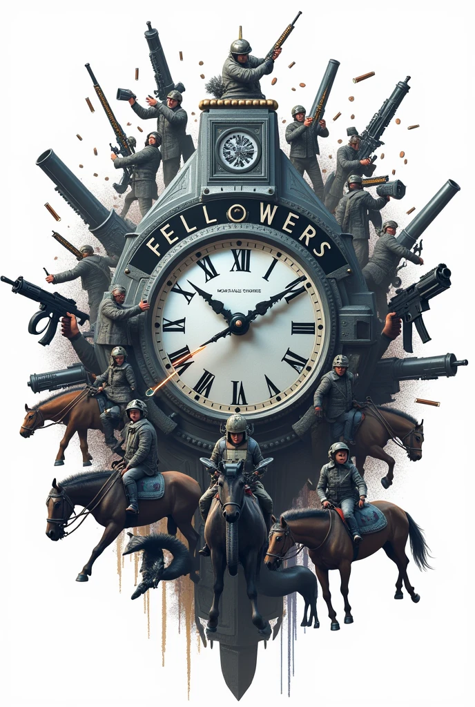 There is a title "FELLOWERS" on a very big clock on the road. Guns, swords, knifes, bikes, cars and horses are also on the road. White background with a 3d, Aesthetic, Sci-Fi poster. Some blurry bullets passing over the title "FELLOWERS".